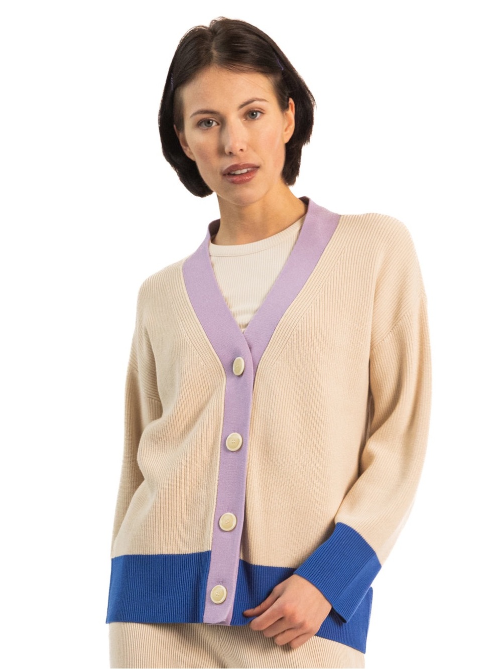 Paper Label Lee contrast oversized cardigan in oatmeal size XS